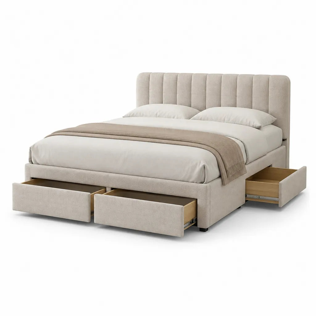 Letto contenitore matrimoniale con 3 cassetti 160 x 200 cm in poliestere beige