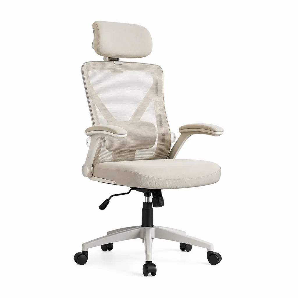 Sedia da ufficio ergonomica girevole con poggiatesta in rete di poliestere beige 66 x 66 x 118-128 cm