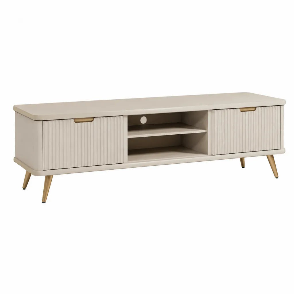 Mobile TV rettangolare 160 x 40 x 55 cm in MDF avorio con 2 ante scorrevoli e piedi color ottone