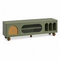 Mobile TV basso 180 x 40 x 60 cm in MDF verde oliva con rattan naturale e vetro scanalato