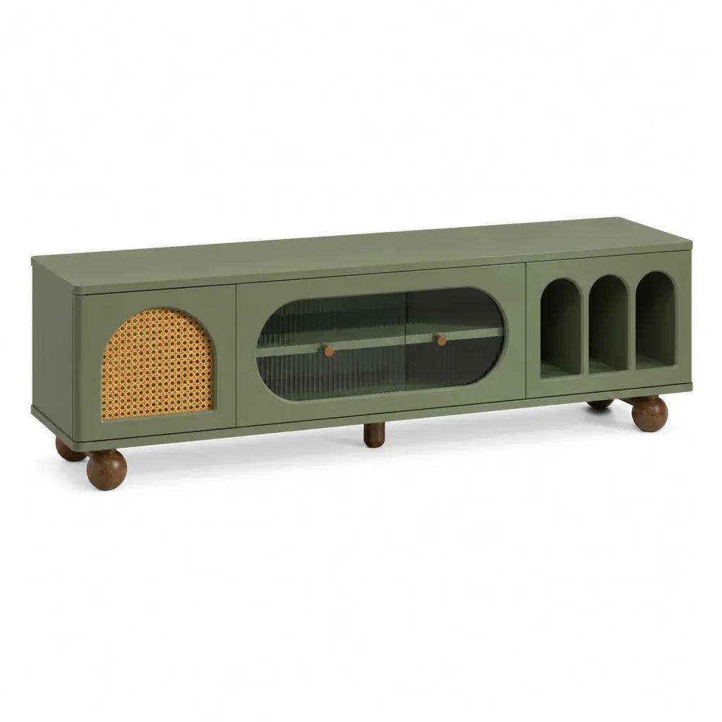 Mobile TV basso 180 x 40 x 60 cm in MDF verde oliva con rattan naturale e vetro scanalato