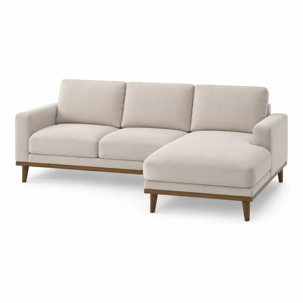 Divano angolare 3 posti con chaise longue destra 260 x 160 cm in poliestere beige con gambe in legno massello
