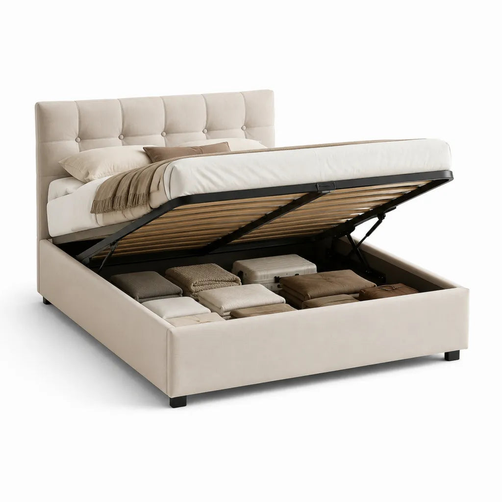 Letto contenitore matrimoniale 160 x 200 cm in velluto di poliestere avorio con testiera capitonn¨¦