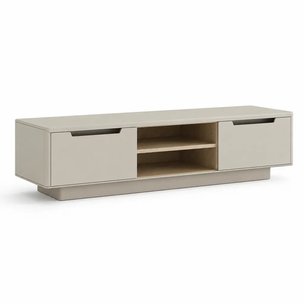 Mobile TV basso con 2 ante e 2 ripiani 180 x 40 x 45 cm in MDF laccato rettangolare tortora e naturale