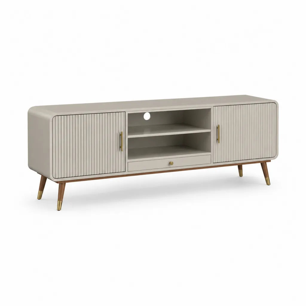 Mobile TV basso 180 x 40 x 60 cm in MDF beige con ante scanalate e gambe in legno massello