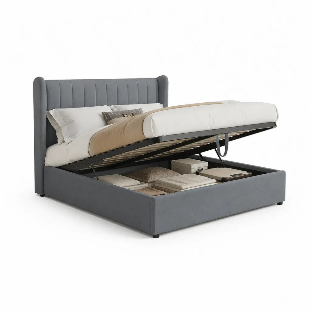 Letto contenitore matrimoniale 160 x 200 cm in poliestere grigio con testiera imbottita rettangolare
