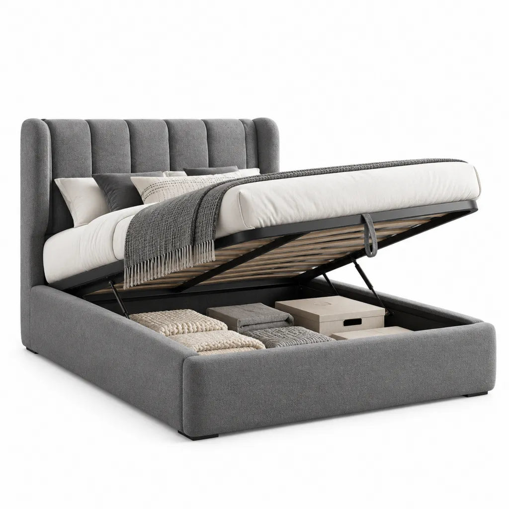 Letto contenitore matrimoniale 160x200 cm rettangolare in poliestere grigio con testiera imbottita