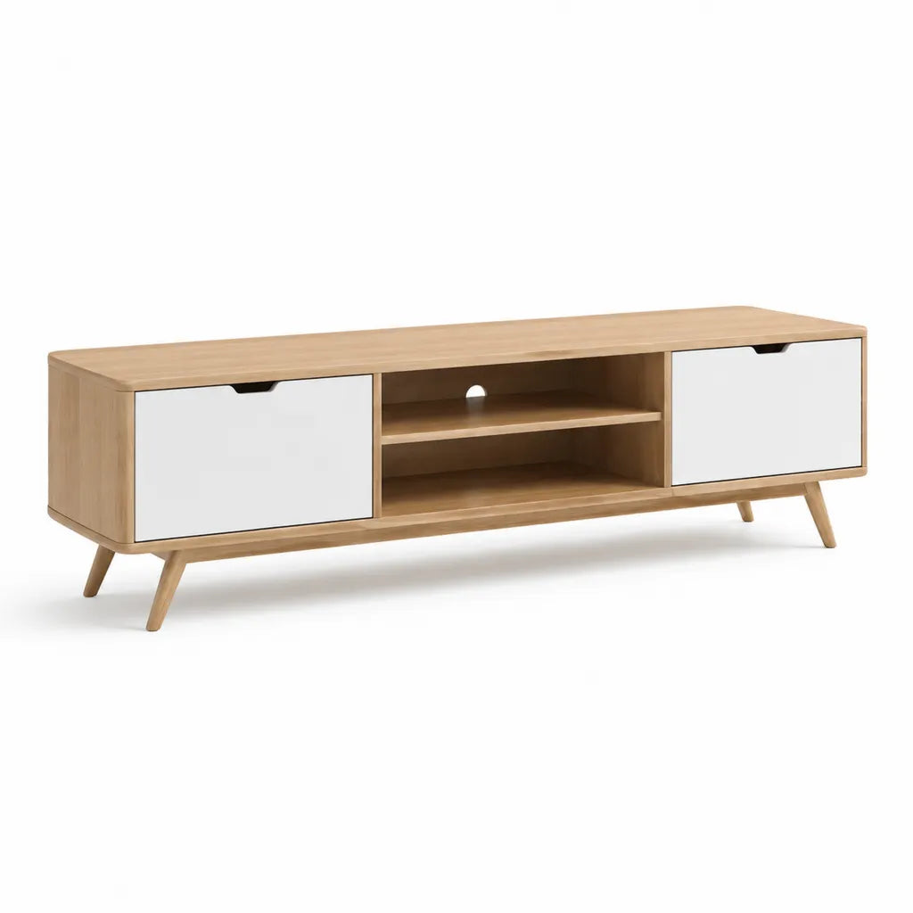 Mobile TV rettangolare 160 x 40 x 50 cm in pannello truciolare effetto rovere e bianco con 2 ante e 2 ripiani
