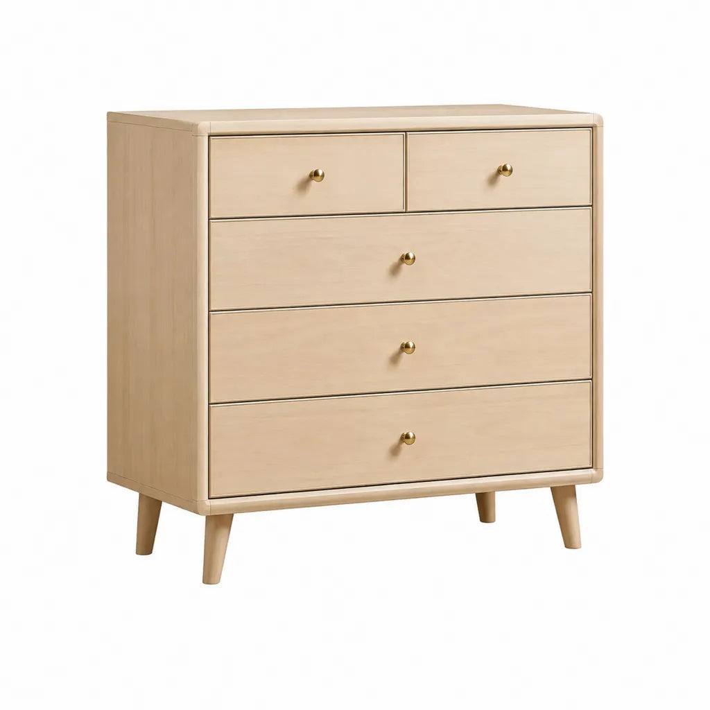Cassettiera bassa 5 cassetti rettangolare in MDF impiallacciato rovere naturale 80 x 40 x 90 cm