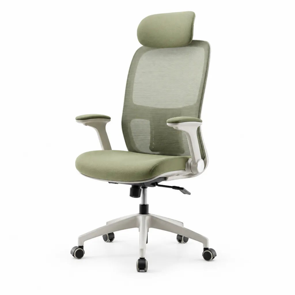 Sedia da ufficio ergonomica girevole con poggiatesta e schienale in rete verde salvia 66 x 66 x 118-128 cm