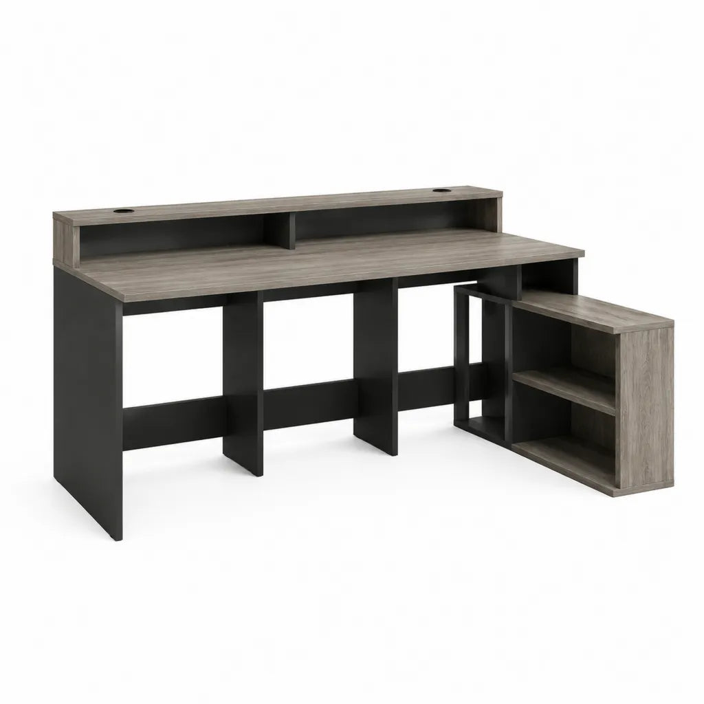 Scrivania tradizionale con rialzo e libreria laterale 140 x 60 x 75 cm in pannello truciolare rettangolare grigio rovere e nero