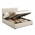 Letto contenitore matrimoniale 160 x 200 cm rivestito in poliestere crema con testiera imbottita rettangolare