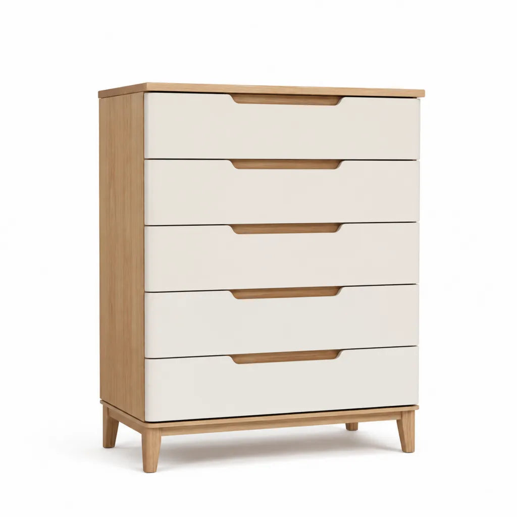 Cassettiera 5 cassetti rettangolare in MDF e legno massello bianco e rovere 80 x 40 x 105 cm
