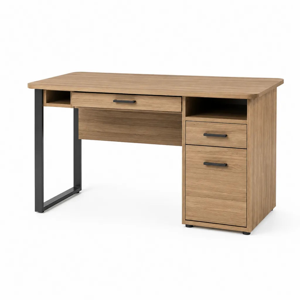 Scrivania da ufficio rettangolare con cassettiera 120 x 60 x 75 cm in pannello truciolare melaminico rovere e acciaio nero