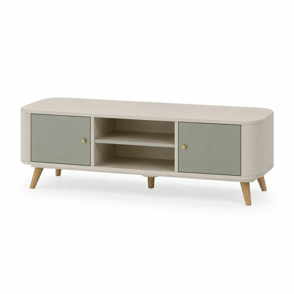 Mobile TV con 2 ante e ripiani aperti in MDF 140 x 40 x 50 cm beige verde salvia