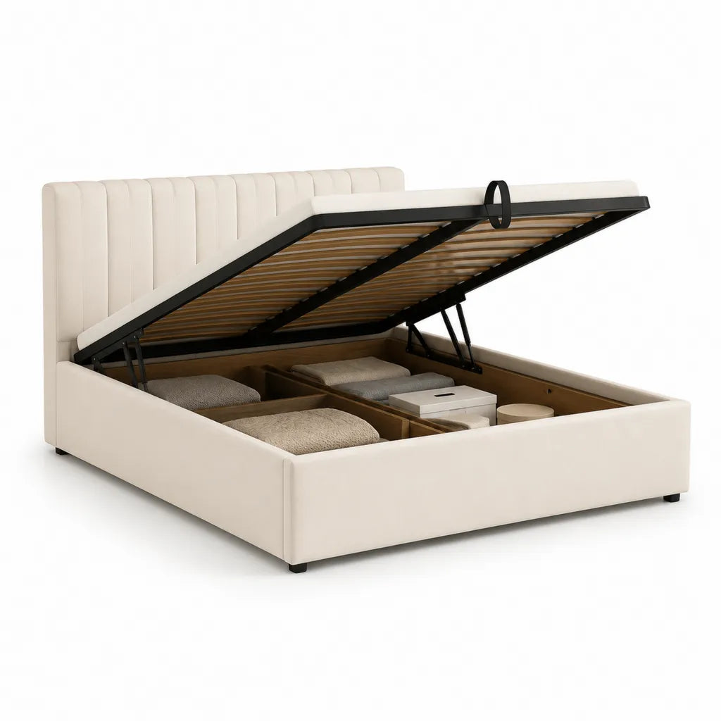 Letto contenitore matrimoniale 160 x 200 cm in similpelle PU crema con testiera imbottita
