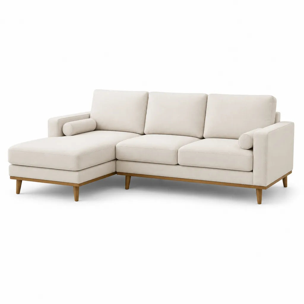 Divano angolare 3 posti con chaise longue sinistra 230 x 150 x 85 cm in poliestere beige con piedi in legno massello
