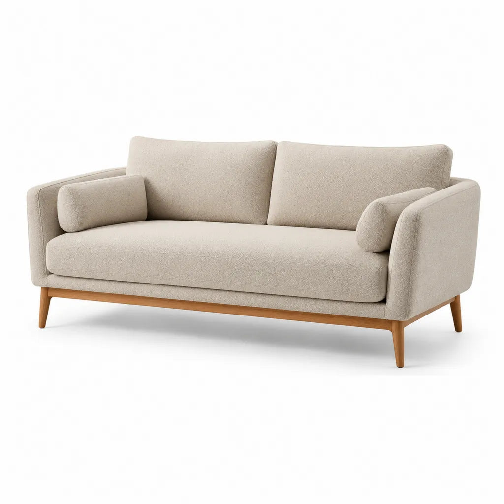 Divano 2 posti in poliestere rettangolare beige con gambe in legno massello 165 x 86 x 84 cm