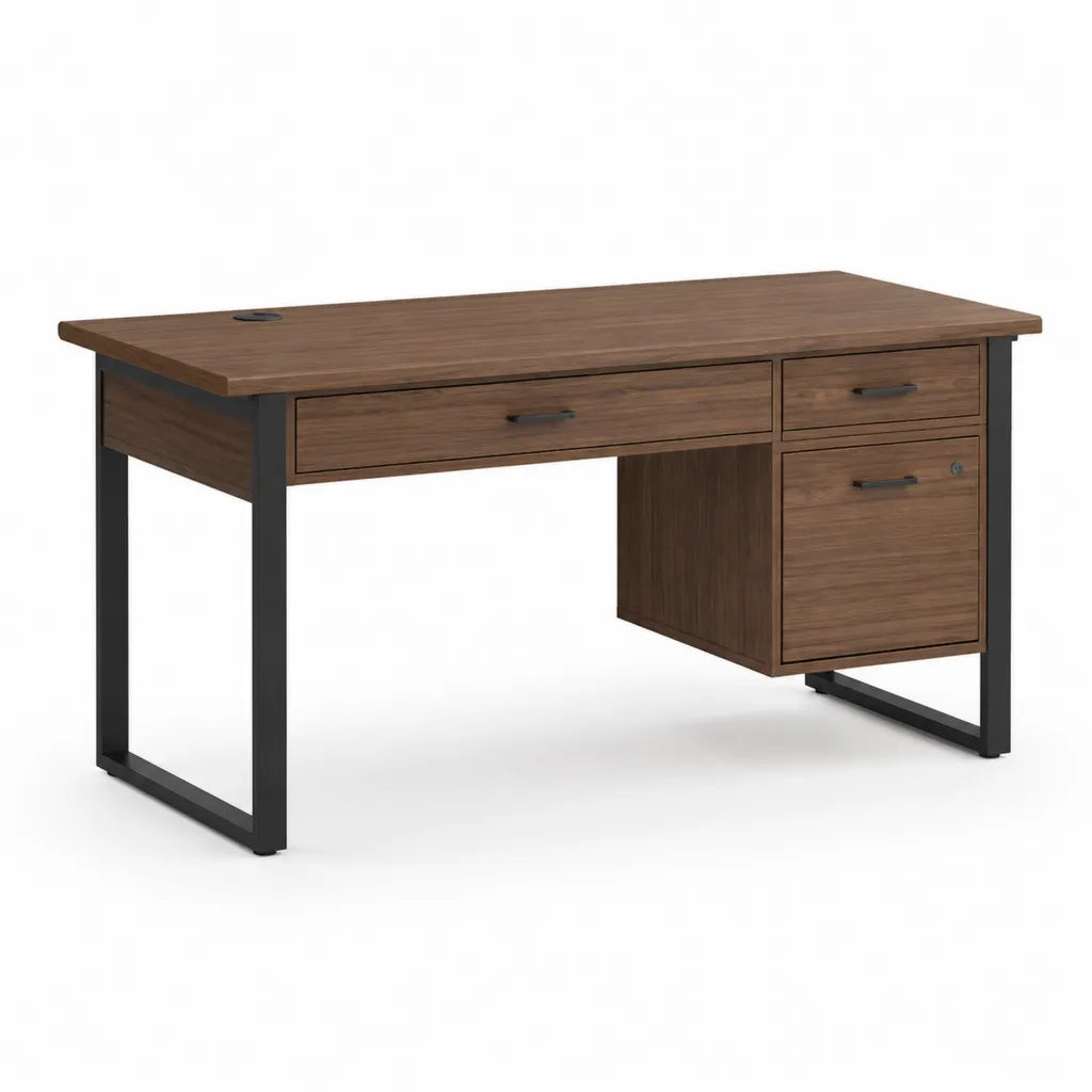 Scrivania da ufficio con 3 cassetti 140 x 60 x 75 cm in pannello di particelle laminato noce rettangolare nero