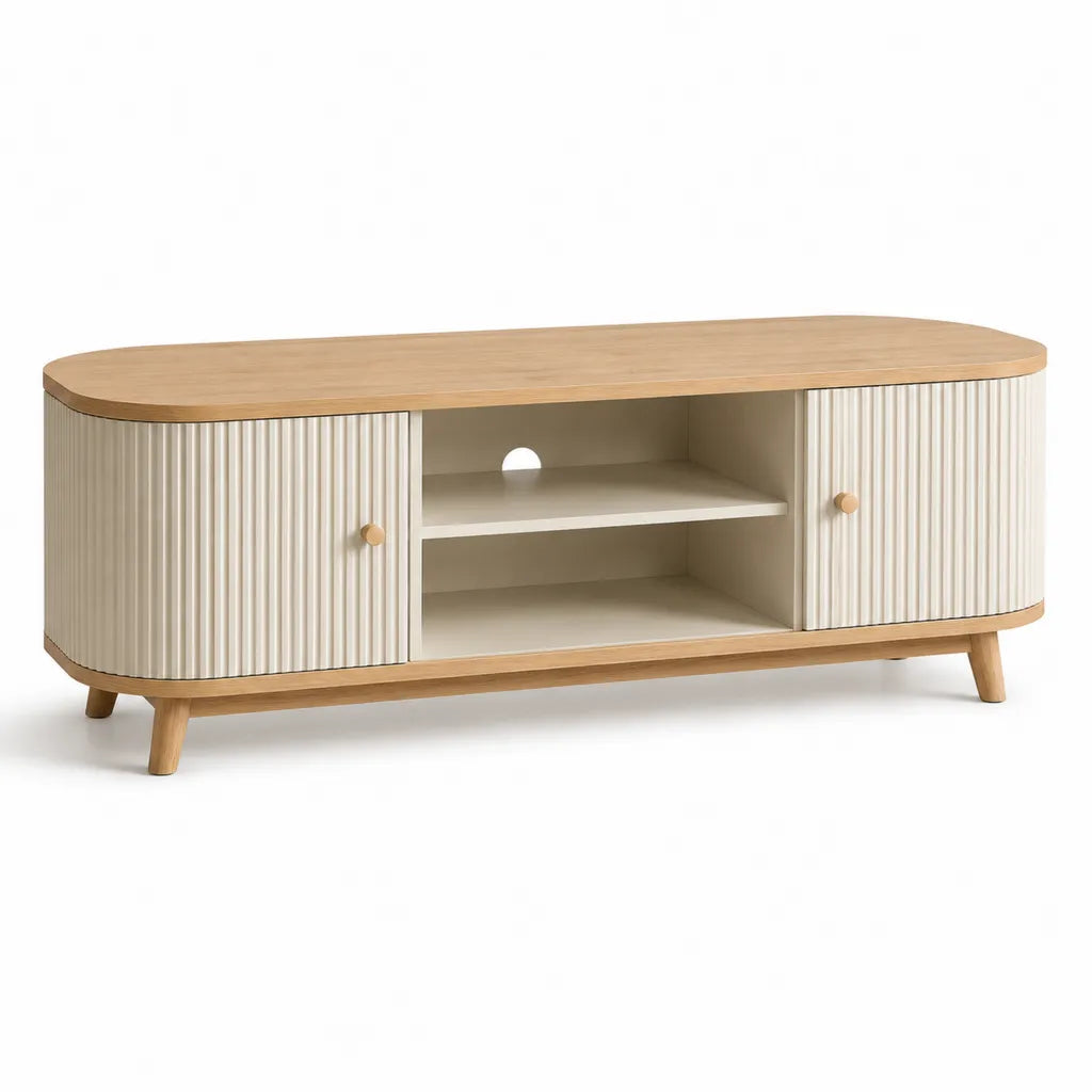 Mobile TV basso in MDF effetto rovere e bianco con ante scanalate 140 x 40 x 55 cm