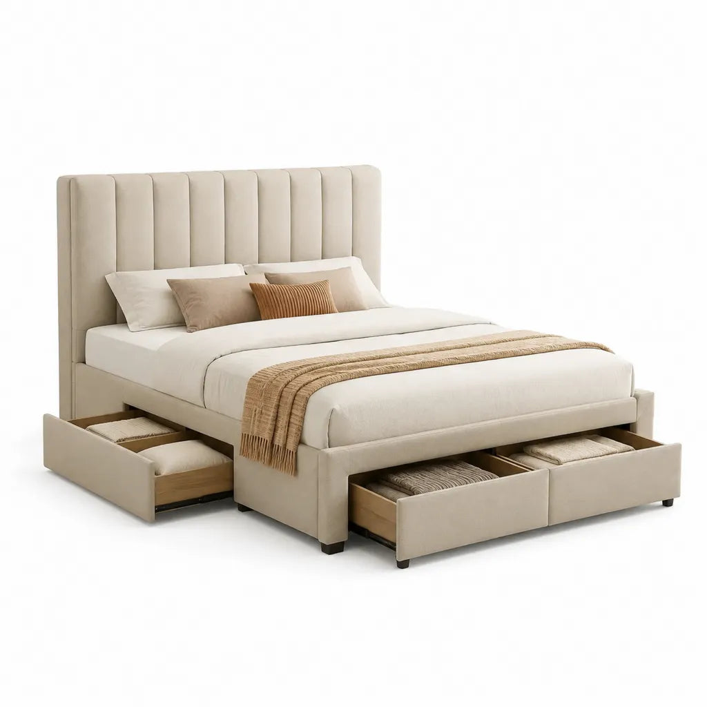 Letto contenitore matrimoniale 160 x 200 cm imbottito in poliestere beige con 4 cassetti