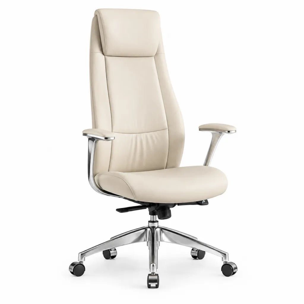 Sedia da ufficio direzionale ergonomica in pelle PU beige con schienale alto e ruote 66 x 70 x 116-126 cm