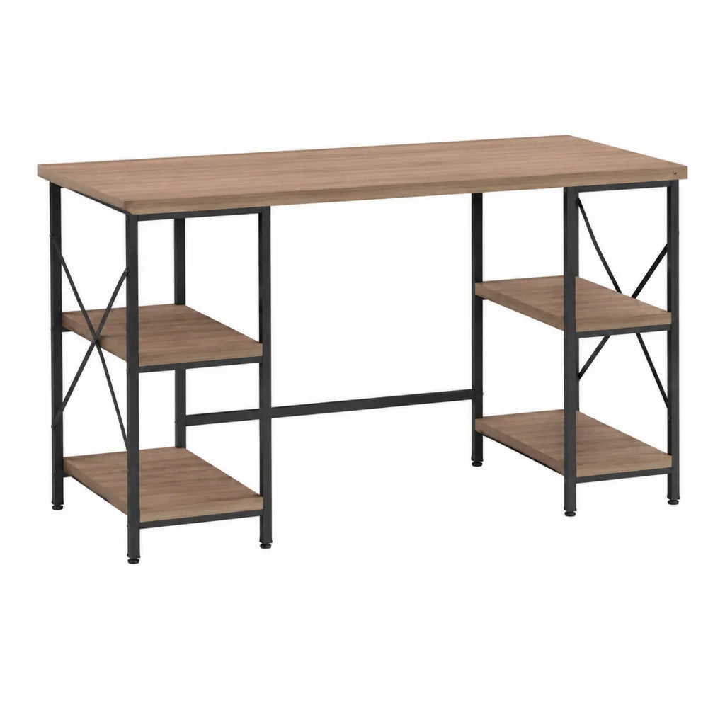 Scrivania rettangolare con 4 ripiani 120 x 60 x 75 cm in pannello truciolare laminato marrone e acciaio nero
