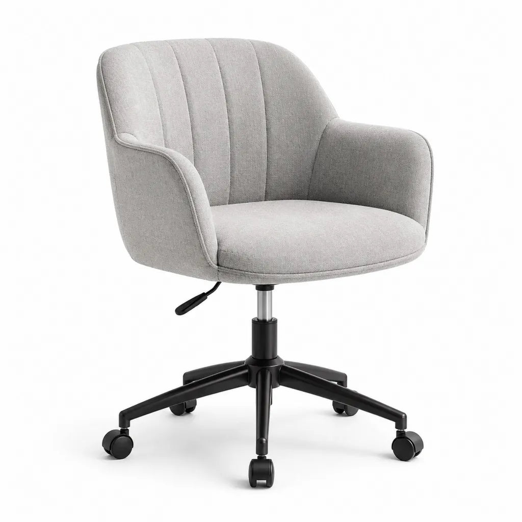 Sedia da ufficio girevole imbottita in poliestere grigio chiaro con braccioli e ruote 64 x 64 x 82-92 cm