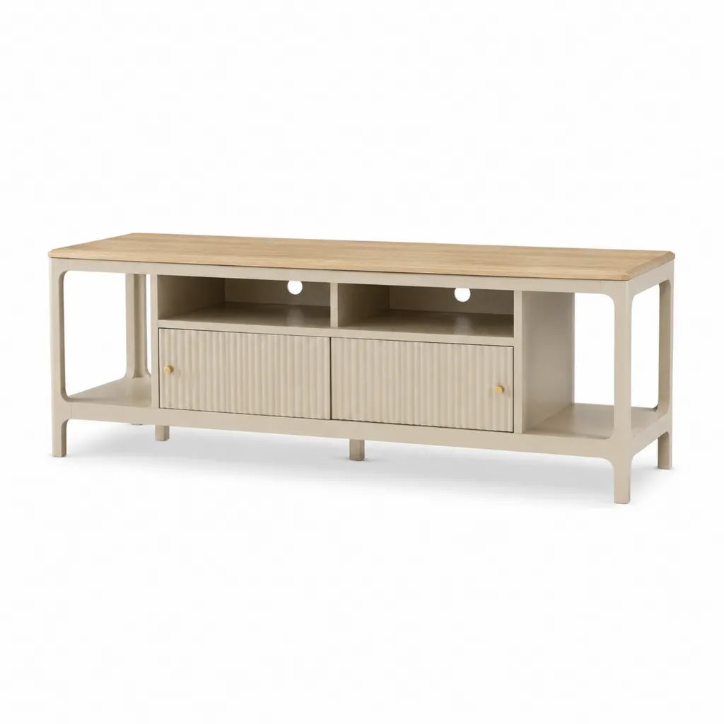 Mobile porta TV con 2 ante e vani aperti in MDF e acciaio 150 x 40 x 60 cm beige e rovere naturale