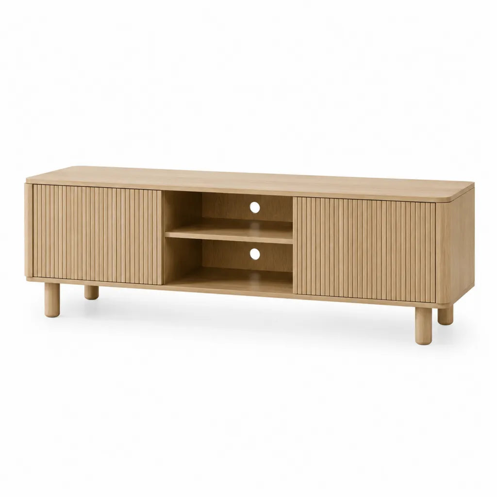Mobile TV rettangolare 160 x 40 x 55 cm in MDF impiallacciato rovere naturale con 2 ante e ripiani aperti