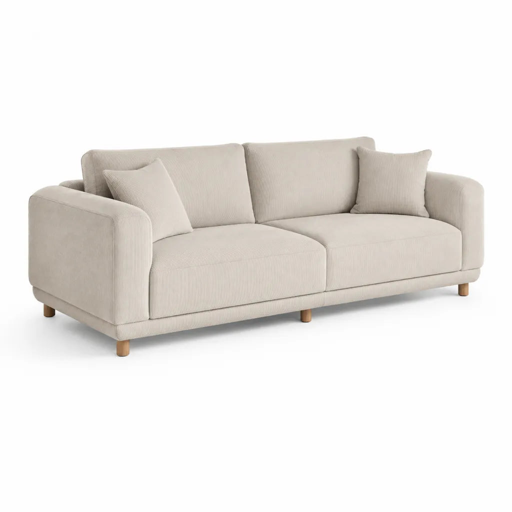 Divano 3 posti rettangolare in velluto a coste di poliestere beige 220 x 92 x 85 cm